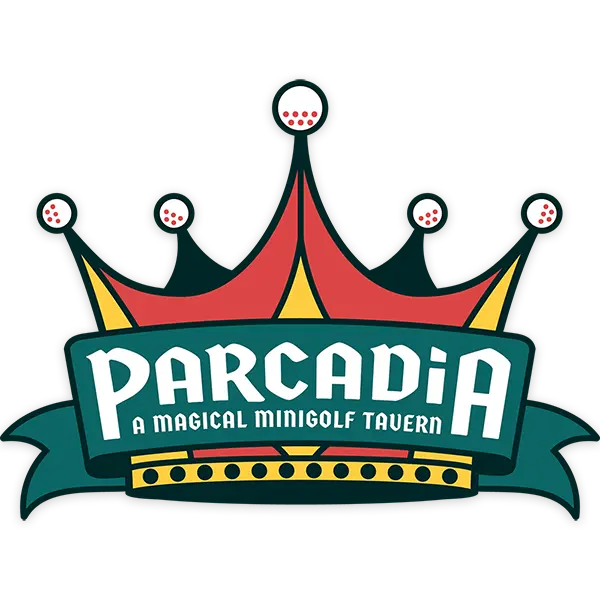 a logo that consists of the words Parcadia and a crown topped with golf balls.